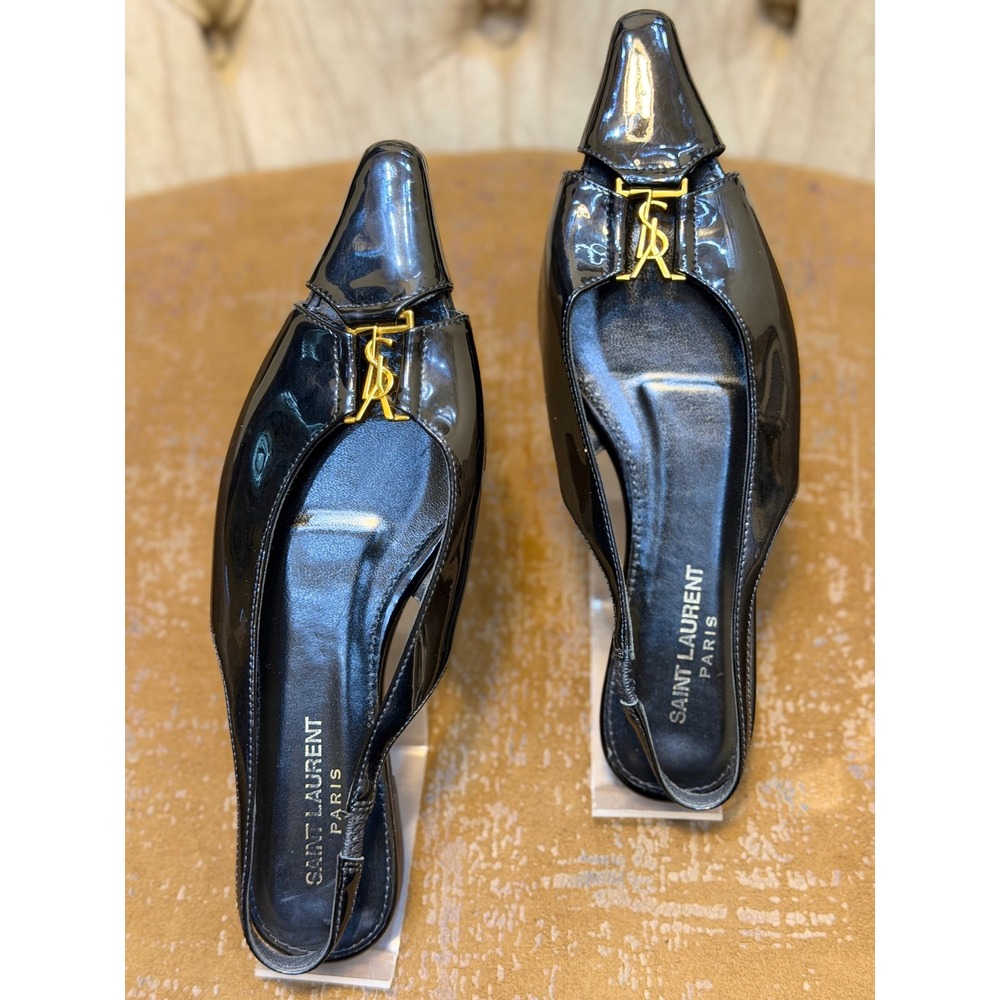 Saint Laurent Paris Black Patent Leather YSL Monogram Slingback Flats Size 36